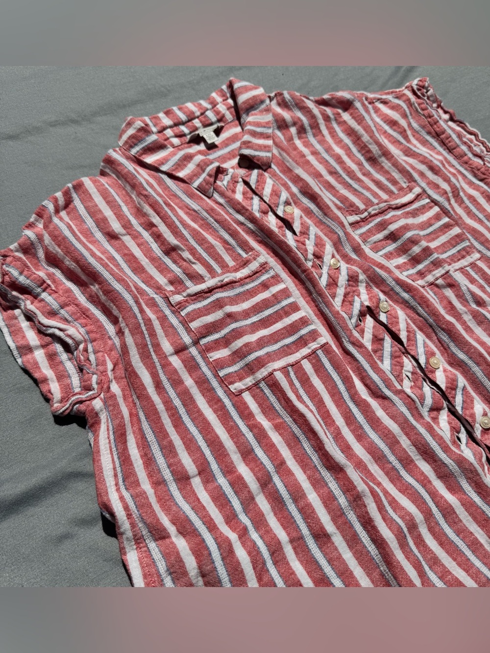Lucky Brand women’s S Red Striped Linen Button-Up Relaxed Fit Shirt w/Tie Back